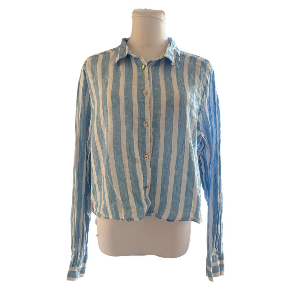 Cynthia Rowley 100% Linen Blue White Striped Button Down Shirt Large Nautical